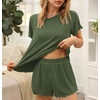 Ekouaer Womens Pajamas 2 Piece Ribbed Knit Pjs Short Sleeve Lounge Sets(Army Green)