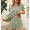Ekouaer Womens Pajamas 2 Piece Ribbed Knit Pjs Short Sleeve Lounge Sets(Green)
