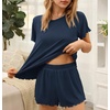 Ekouaer Womens Pajamas 2 Piece Ribbed Knit Pjs Short Sleeve Lounge Sets(Navy Blue)
