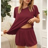 Ekouaer Womens Pajamas 2 Piece Ribbed Knit Pjs Short Sleeve Lounge Sets(Wine Red)