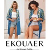 Ekouaer Zipper Robes for Women 3/4 Sleeve Housecoats with Pockets(Deep Blue Floral)