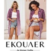 Ekouaer Zipper Robes for Women 3/4 Sleeve Housecoats with Pockets(Purple Leaves)