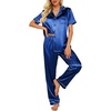 Ekouaer 2 Piece Satin Short Sleeve Pajamas Set Button Down Sleepwear(Blue)