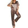 Ekouaer 2 Piece Satin Short Sleeve Pajamas Set Button Down Sleepwear(Brown)