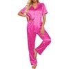 Ekouaer 2 Piece Satin Short Sleeve Pajamas Set Button Down Sleepwear(Leopard Hot Pink)