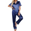 Ekouaer 2 Piece Satin Short Sleeve Pajamas Set Button Down Sleepwear(Navy Blue)