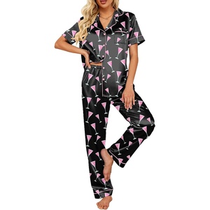Ekouaer 2 Piece Satin Short Sleeve Pajamas Set Button Down Sleepwear(Black Cocktail)