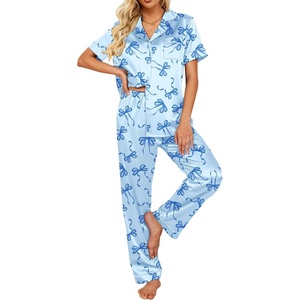 Ekouaer 2 Piece Satin Short Sleeve Pajamas Set Button Down Sleepwear(Blue Bow)