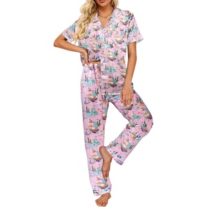 Ekouaer 2 Piece Satin Short Sleeve Pajamas Set Button Down Sleepwear(Cat Print)