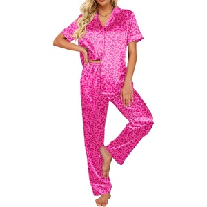 Ekouaer 2 Piece Satin Short Sleeve Pajamas Set Button Down Sleepwear(Leopard Hot Pink)