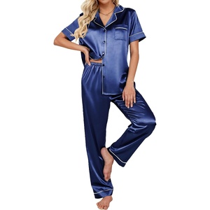 Ekouaer 2 Piece Satin Short Sleeve Pajamas Set Button Down Sleepwear(Navy Blue)