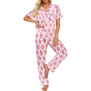 Ekouaer 2 Piece Satin Short Sleeve Pajamas Set Button Down Sleepwear(Pink Monkey)