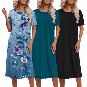 Ekouaer 3 Pack Long Nightgowns for Women Ruffle House Dress(Black+blue Green+continuous Floral Pattern)