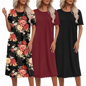Ekouaer 3 Pack Long Nightgowns for Women Ruffle House Dress(Black+burgundy+botanical Floral)