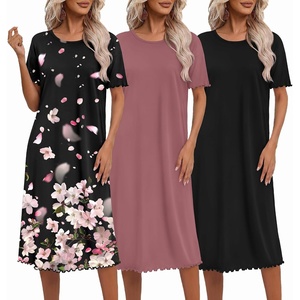 Ekouaer 3 Pack Long Nightgowns for Women Ruffle House Dress(Black+deep Pink+floral Black)