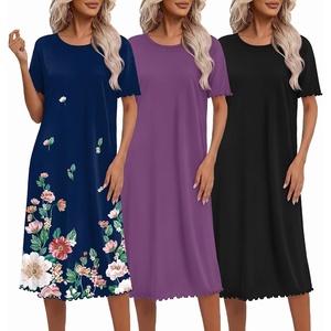 Ekouaer 3 Pack Long Nightgowns for Women Ruffle House Dress(Black+eggplant Purple+botanical Floral)