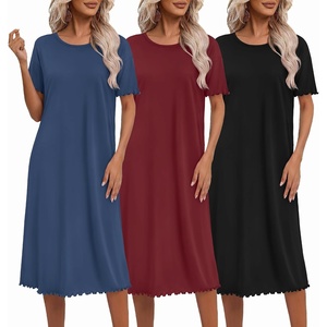 Ekouaer 3 Pack Long Nightgowns for Women Ruffle House Dress(Black+wine Red+navy)