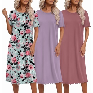 Ekouaer 3 Pack Long Nightgowns for Women Ruffle House Dress(Deep Pink+pale Violet+watercolor Florals)