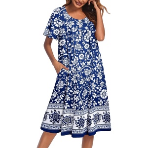 Ekouaer House Dress for Women with Pockets Short Sleeve Moo Moos Nightgowns(Bohemian Flowers Blue)