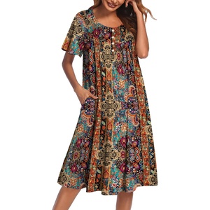Ekouaer House Dress for Women with Pockets Short Sleeve Moo Moos Nightgowns(Ethnic Print Brown)