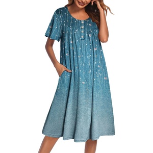 Ekouaer House Dress for Women with Pockets Short Sleeve Moo Moos Nightgowns(Floral Blue Green)