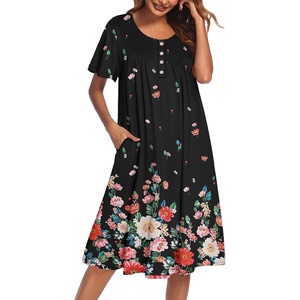 Ekouaer House Dress for Women with Pockets Short Sleeve Moo Moos Nightgowns(Flower Black)