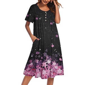 Ekouaer House Dress for Women with Pockets Short Sleeve Moo Moos Nightgowns(New Cherry Blossoms Black)