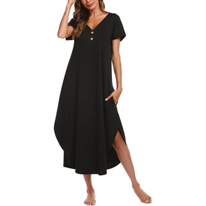 Ekouaer Long Nightgowns For Women Short Sleeve Midi Nightgown With Pockets(Black)