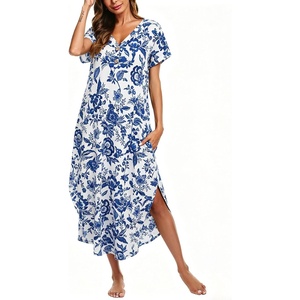 Ekouaer Long Nightgowns For Women Short Sleeve Midi Nightgown With Pockets(Blue Flowers)