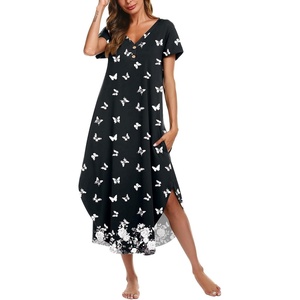 Ekouaer Long Nightgowns For Women Short Sleeve Midi Nightgown With Pockets(Butterfly)