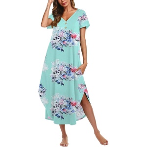 Ekouaer Long Nightgowns For Women Short Sleeve Midi Nightgown With Pockets(Flower Light Blue)
