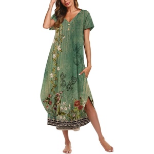 Ekouaer Long Nightgowns For Women Short Sleeve Midi Nightgown With Pockets(Green Ethnic Style)