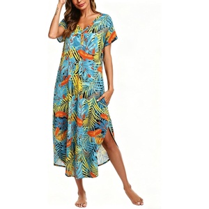 Ekouaer Long Nightgowns For Women Short Sleeve Midi Nightgown With Pockets(Green Leaves)