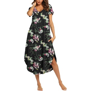 Ekouaer Long Nightgowns for Women V Neck Moo Moos House Dress with Pockets(Black Red Floral)