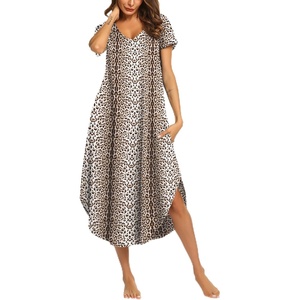 Ekouaer Long Nightgowns for Women V Neck Moo Moos House Dress with Pockets(Brown Leopard)