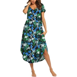 Ekouaer Long Nightgowns for Women V Neck Moo Moos House Dress with Pockets(Dark Green Floral)