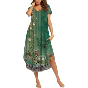 Ekouaer Long Nightgowns for Women V Neck Moo Moos House Dress with Pockets(Green Floral)