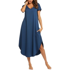 Ekouaer Long Nightgowns for Women V Neck Moo Moos House Dress with Pockets(Navy Blue)