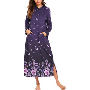 Ekouaer Nightgowns for Women Cotton Nightgown Long Sleeve Hooded Night Gown(Purple Flower)