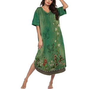 Ekouaer Nightgowns for Women Long Nightgown Plus Size Moo Moos House Dress(Green Ethnic Style)