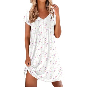 Ekouaer Nightgowns for Women Short Sleeve Pleated Moo Moos with Pockets(Flowers White)