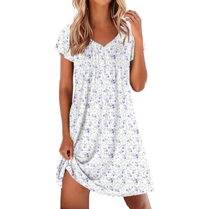 Ekouaer Nightgowns for Women Short Sleeve Pleated Moo Moos with Pockets(Small Flowers Purple)