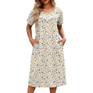 Ekouaer Nightgowns for Women with Pockets Short Sleeve Henley Sleepshirts(Floral and Leaf)