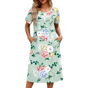 Ekouaer Nightgowns for Women with Pockets Short Sleeve Henley Sleepshirts(Green Blue Floral)