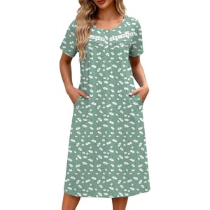 Ekouaer Nightgowns for Women with Pockets Short Sleeve Henley Sleepshirts(Green White Floral)
