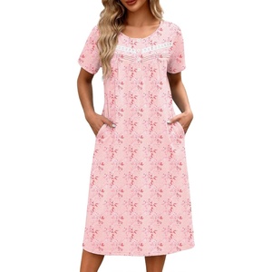 Ekouaer Nightgowns for Women with Pockets Short Sleeve Henley Sleepshirts(Pink Floral)