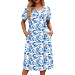 Ekouaer Nightgowns for Women with Pockets Short Sleeve Henley Sleepshirts(White Blue Floral)