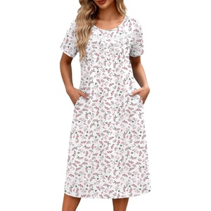 Ekouaer Nightgowns for Women with Pockets Short Sleeve Henley Sleepshirts(White Pink Floral)