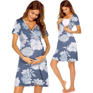 Ekouaer Nursing Nightgown Labor and Delivery Gown Dress Maternity Pajamas(Grey White Floral)