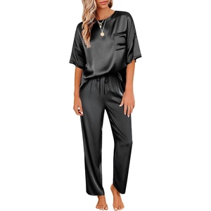 Ekouaer Pajamas for Women Set Silky Satin 2 Piece Lounge Sets with Pockets(Black)